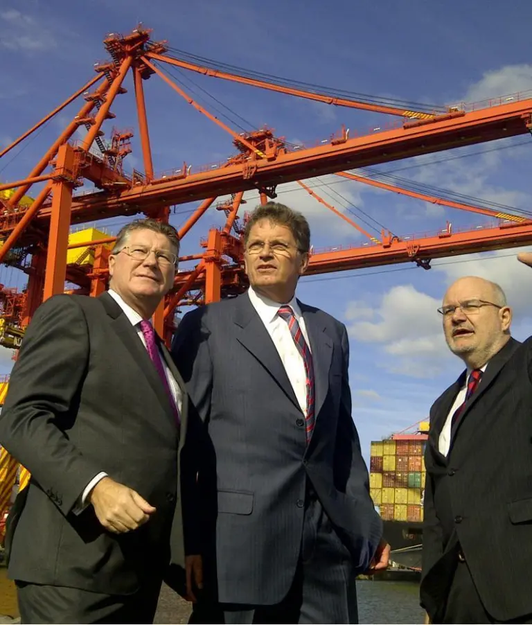 L-R Minister for Ports Dr Denis Napthine, Victorian Premier Ted Baillieu and Port of Melbourne Corporation CEO Stephen Bradford. Credit - Port of Melbourne Corporation