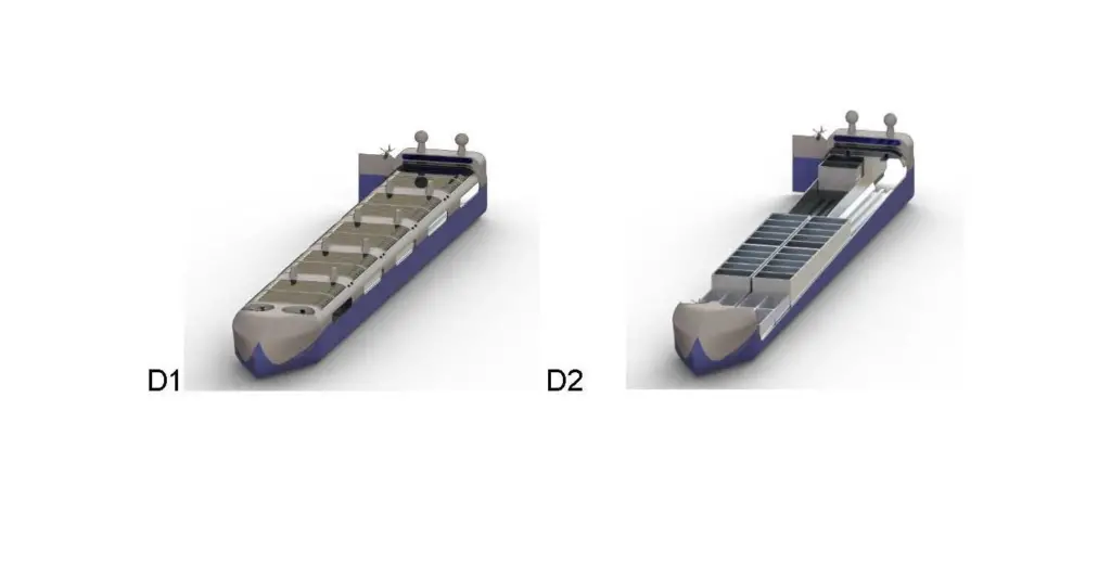 The FREBS MaxiShip  D1 – shows the open rear doors through which the barges are floated in and out. D2 - shows the ship with the deck ‘cut away’ loaded with 8 x Mini barges plus 4 x Maxi barges (each with 5 x bulkheads) Photo: FREBS