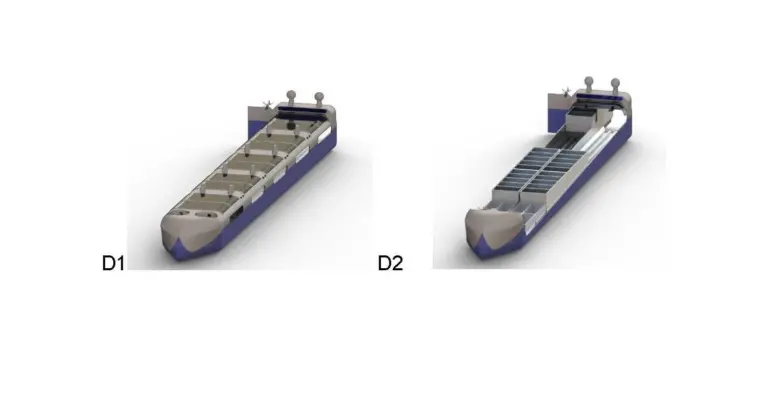 The FREBS MaxiShip  D1 – shows the open rear doors through which the barges are floated in and out. D2 - shows the ship with the deck ‘cut away’ loaded with 8 x Mini barges plus 4 x Maxi barges (each with 5 x bulkheads) Photo: FREBS