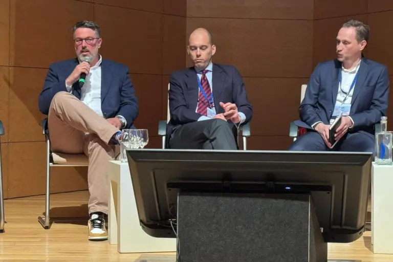The image shows Stefan Krattiger, business development leader global ports, IKEA Supply AG, Alexander Prahl, head of sales and contracting trade management at Tailwind Shipping Lines and Blasco Majorana, line manager, Finnlines, in the panel session