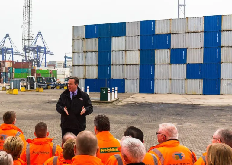 UK Prime Minister David Cameron makes his case for staying in the European Union at Felixstowe