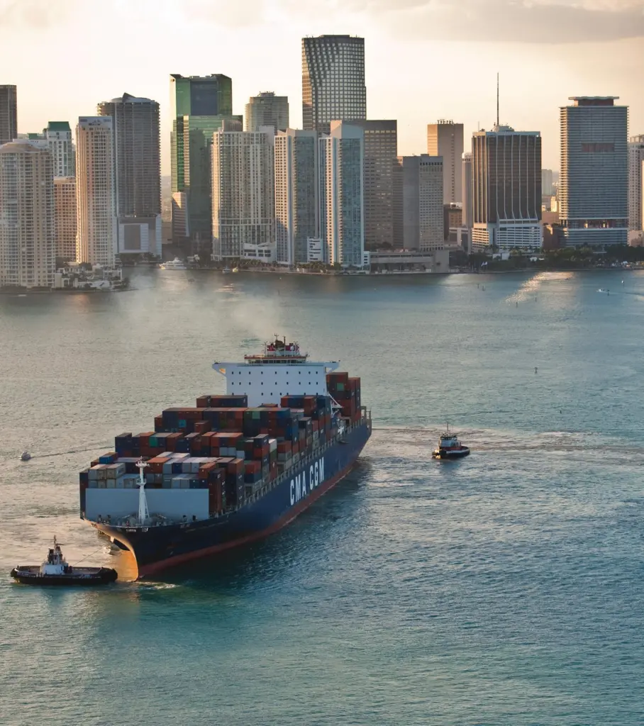 Cargo ship with Miami skyline