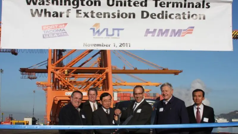 HMM in happier days at the Port of Tacoma; now the operator is looking to sell off terminal investments