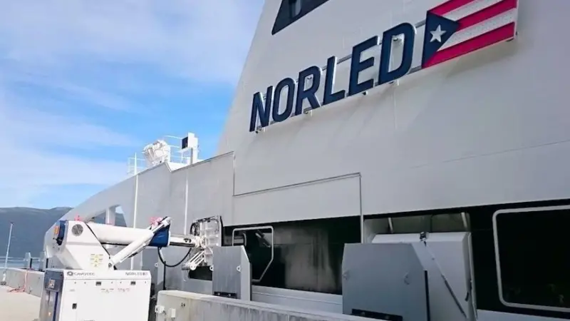 A MoorMaster automated mooring unit at Lavik ferry berth in Norway which is combined with the Alternative Maritime Power shore power application