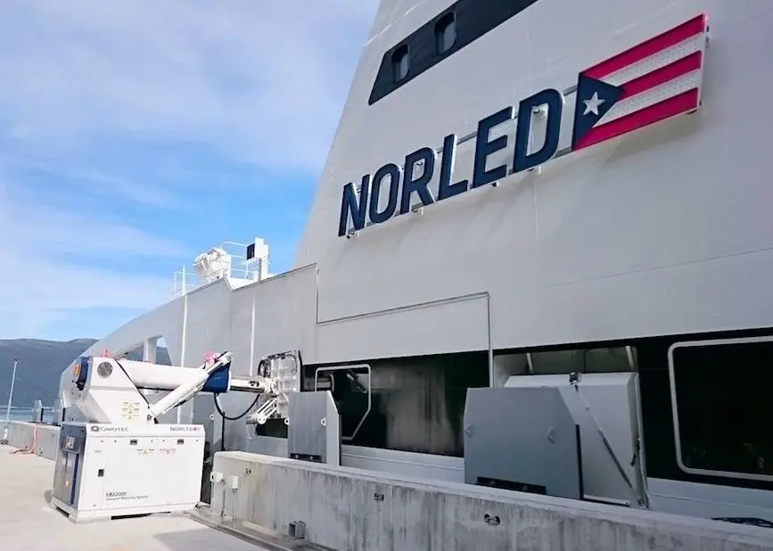 A MoorMaster automated mooring unit at Lavik ferry berth in Norway which is combined with the Alternative Maritime Power shore power application