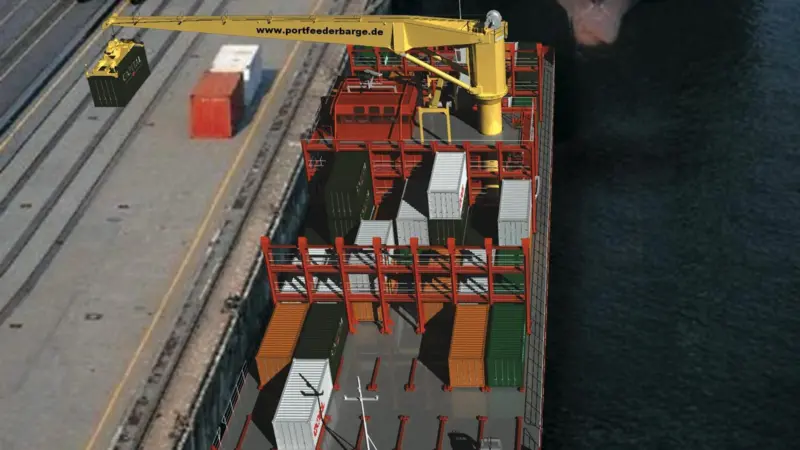 A Port Feeder Barge working independently from quayside equipment at a deep sea terminal (computer rendering) Photo: PFB
