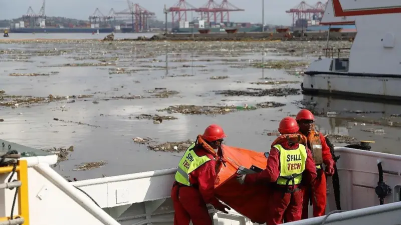 A team of workers in a port clearing waste from the water.