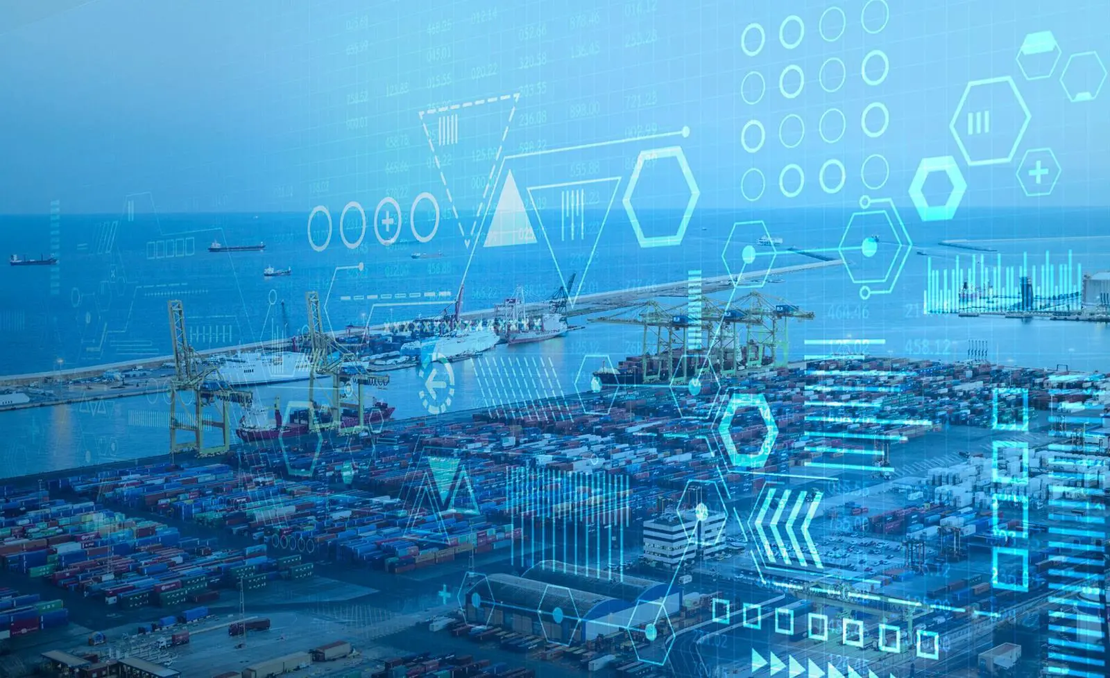 Stylised digital graphic showing data overlaid on a port