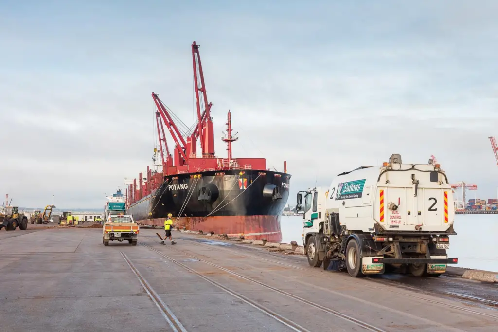 A sweeper truck cleaning the Mount Maunganui wharves at Port of Tauranga