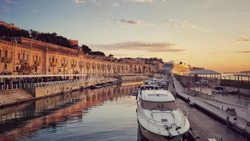 Valletta Cruise Port with the historic city of Valletta in the background.