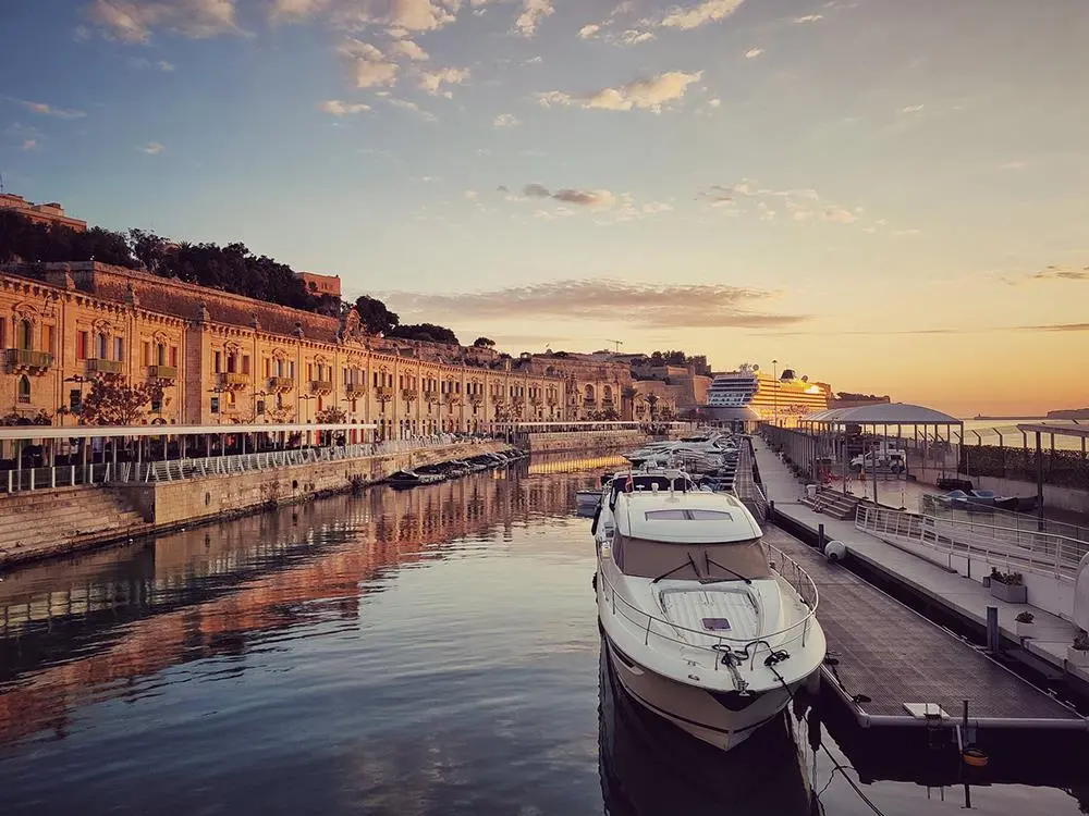 Valletta Cruise Port with the historic city of Valletta in the background.