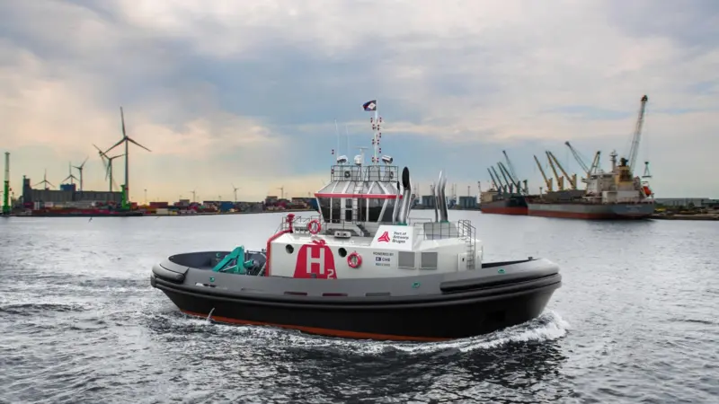 The port is working on greening its fleet with a hydrogen and methanol powered tugboat, pictured Hydrotug