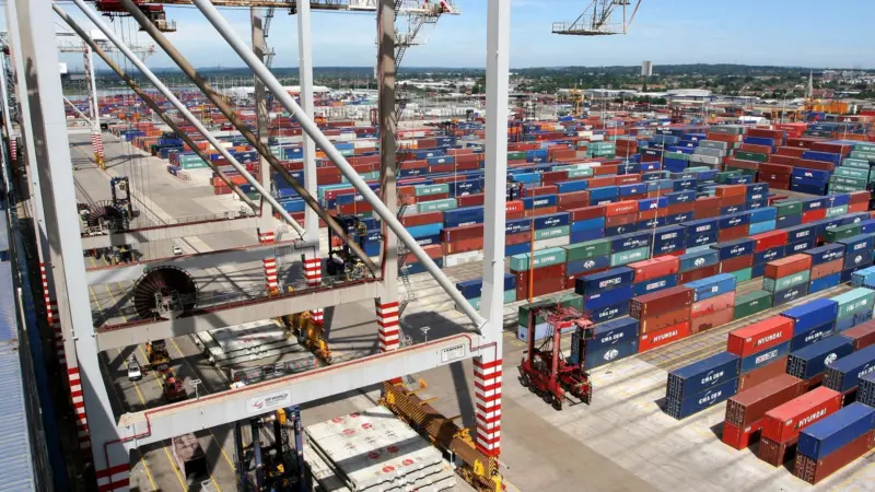 Colourful aerial view of container yard at Southampton port