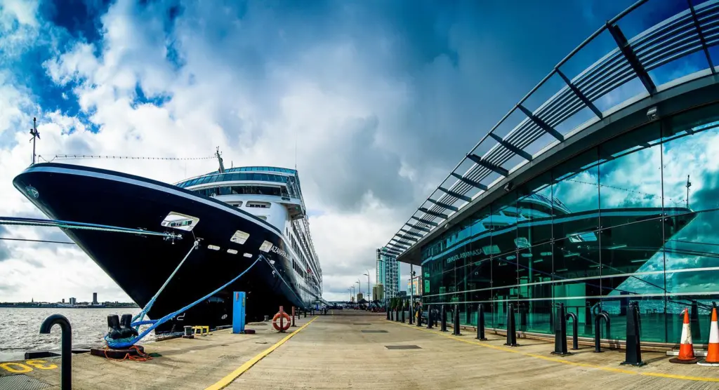 A cruise ship berthed in the Port of Liverpool