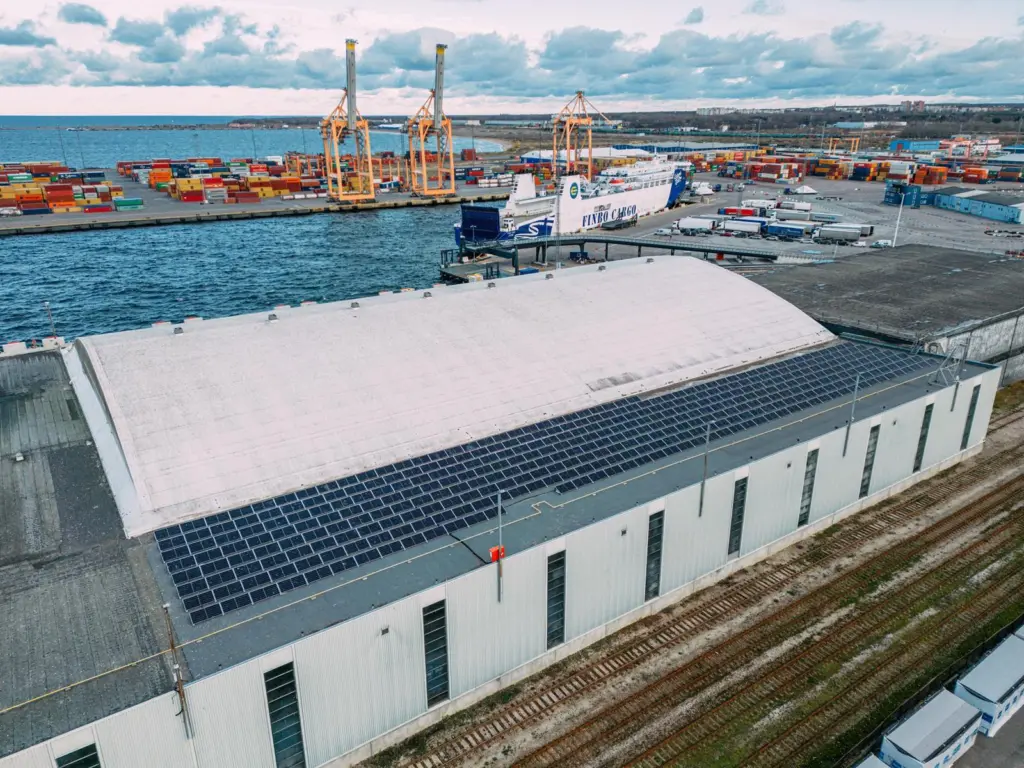Solar panels on a warehouse roof at the Port of Muuga