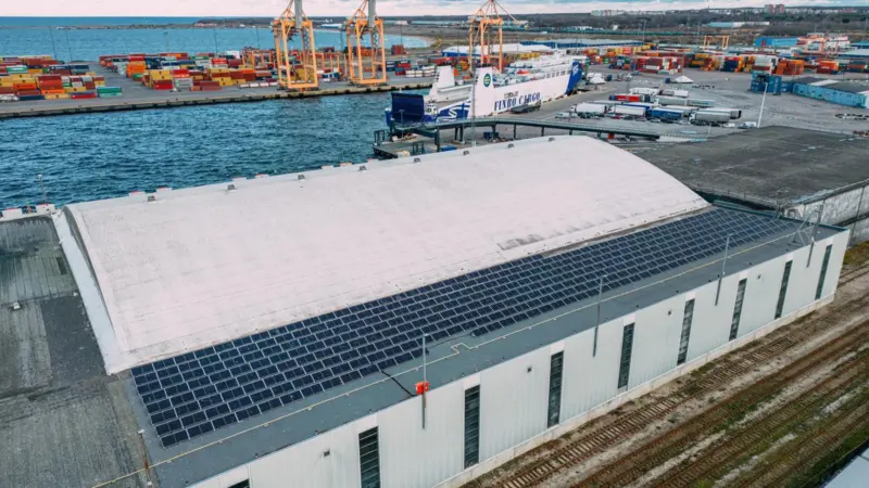 Solar panels on a warehouse roof at the Port of Muuga