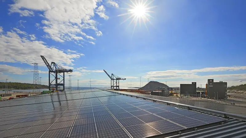 Rooftop solar panels at a Stockholm port