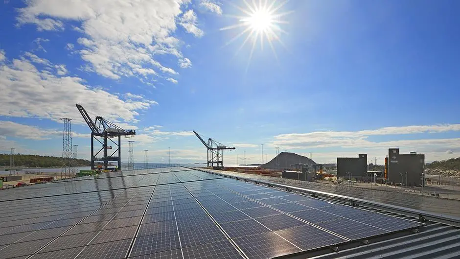 Rooftop solar panels at a Stockholm port