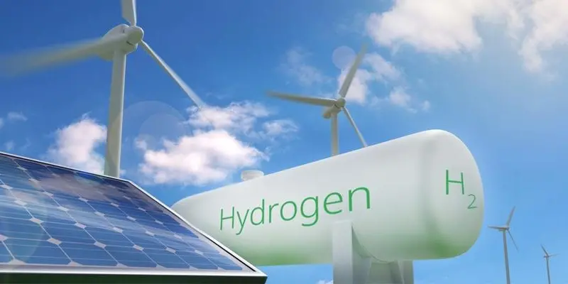 Graphic showing solar panels, wind turbines and H2 tank