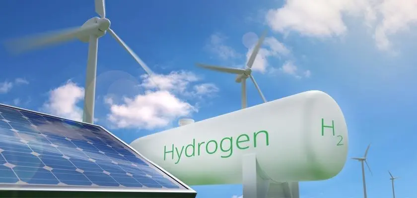 Graphic showing solar panels, wind turbines and H2 tank