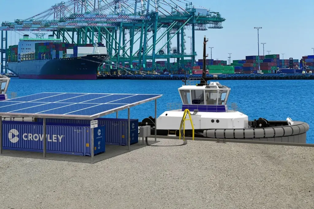 A render of the eWolf and its shoreside solar charging station