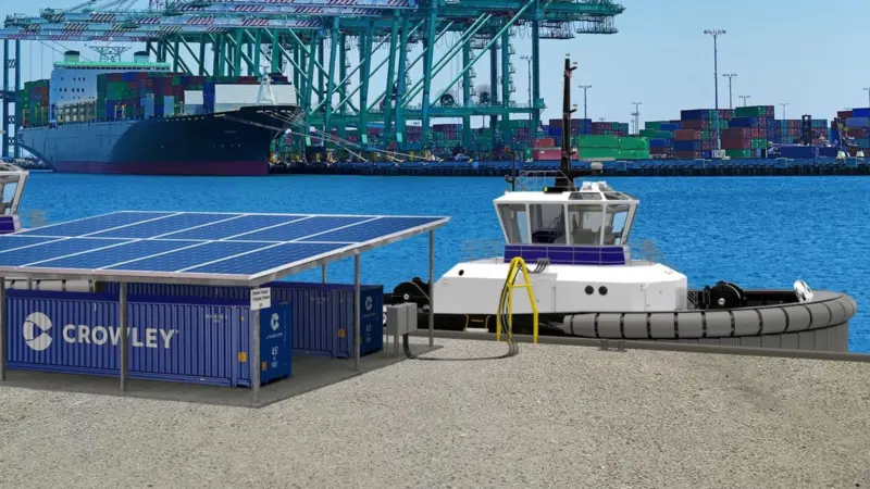 A render of the eWolf and its shoreside solar charging station