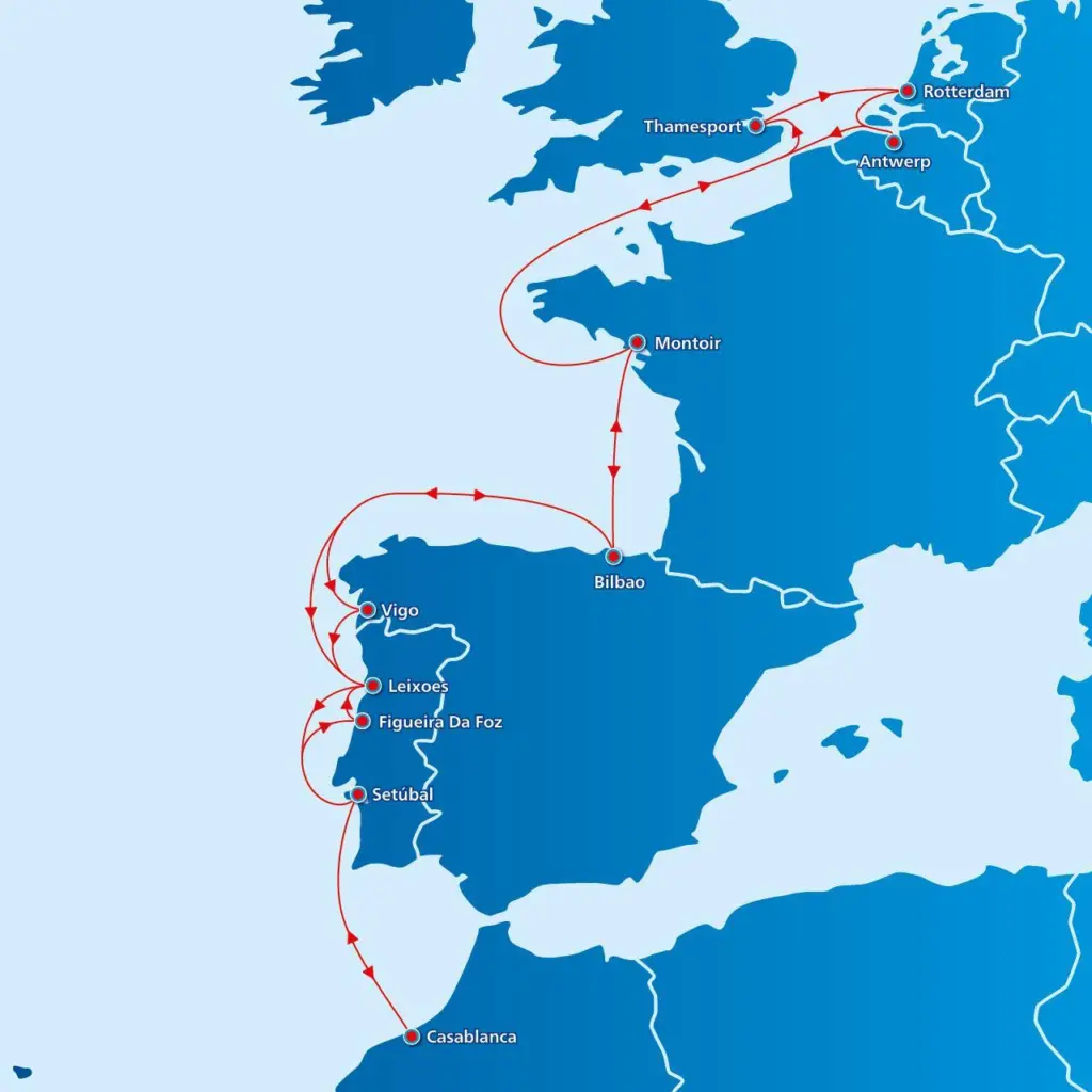 Map of WEC Lines' new Euro Maroc Service
