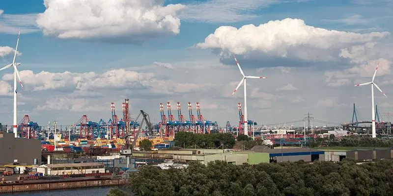 Wind turbines at the Port of Hamburg in Germany