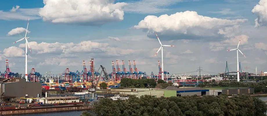 Wind turbines at the Port of Hamburg in Germany
