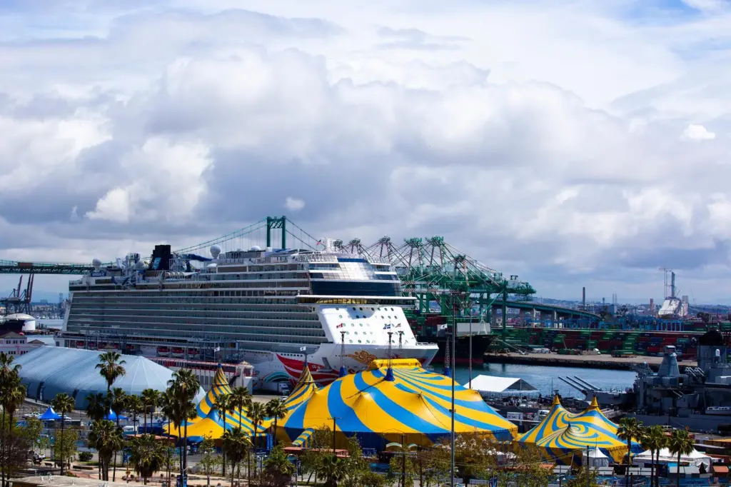 The images shows the Cirque Amaluna cruise ship on the LA waterfront
