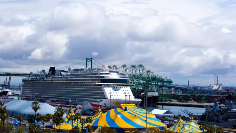 The images shows the Cirque Amaluna cruise ship on the LA waterfront