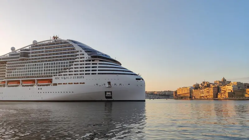 Image shows MSC World Europa on its maiden call to Valletta back in April 2023