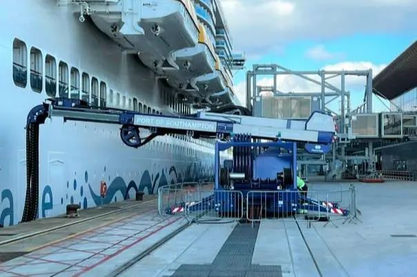 The image shows a cruise ship receiving shore power at Southampton Port