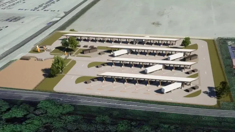 The image is a render of the first phase of the EHGV charging hub at Able Humber port