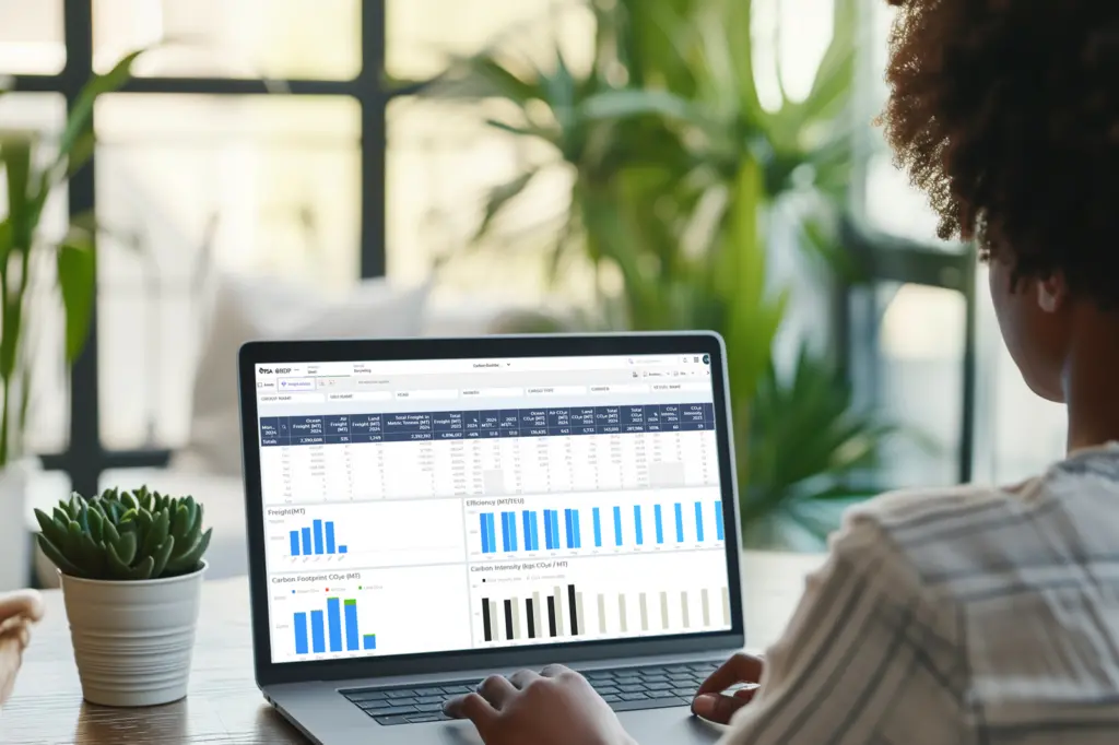 The image shows a person seated in front of a screen viewing PSA BDP's Carbon Dashboard