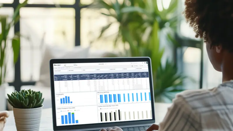 The image shows a person seated in front of a screen viewing PSA BDP's Carbon Dashboard