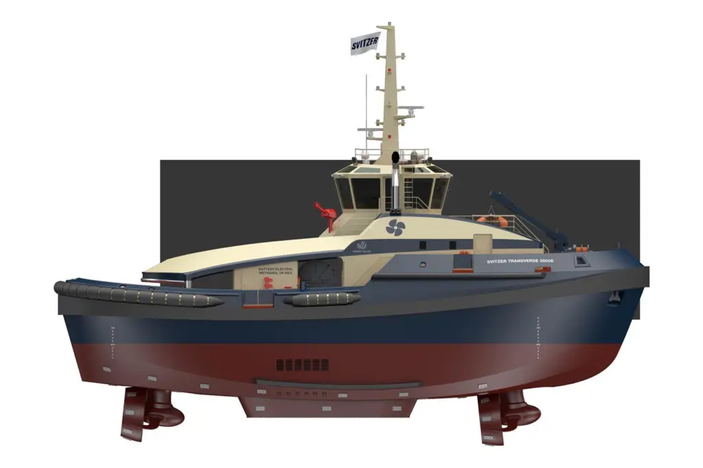 The image shows a render of Svitzer's electric-methanol tug