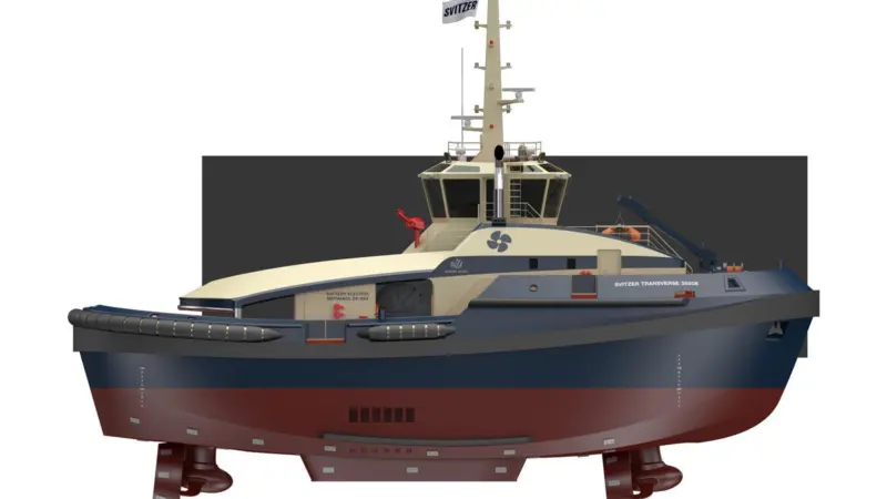 The image shows a render of Svitzer's electric-methanol tug