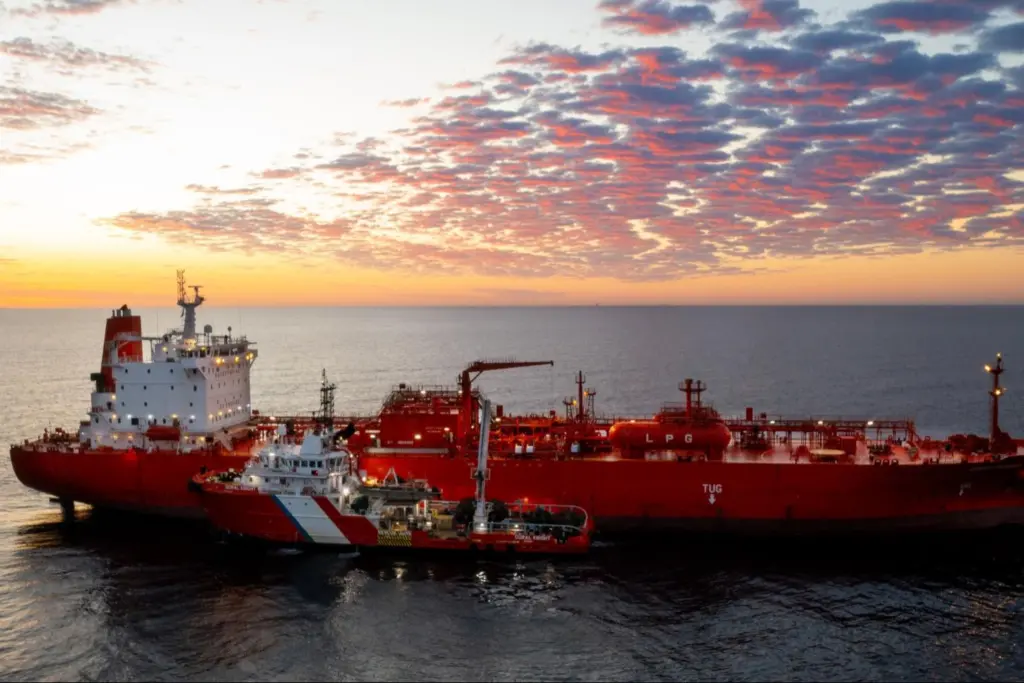 The image shows the Green Pioneer and the Coral Knight at the outer anchorage of Port Dampier