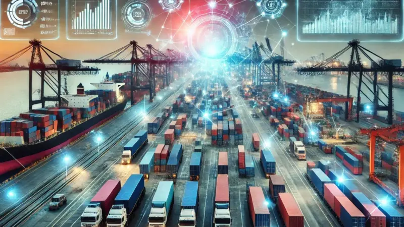 The image shows A bustling seaport with cargo ships, containers and cranes, but overlaid with digital elements like data streams, graphs and glowing network lines
