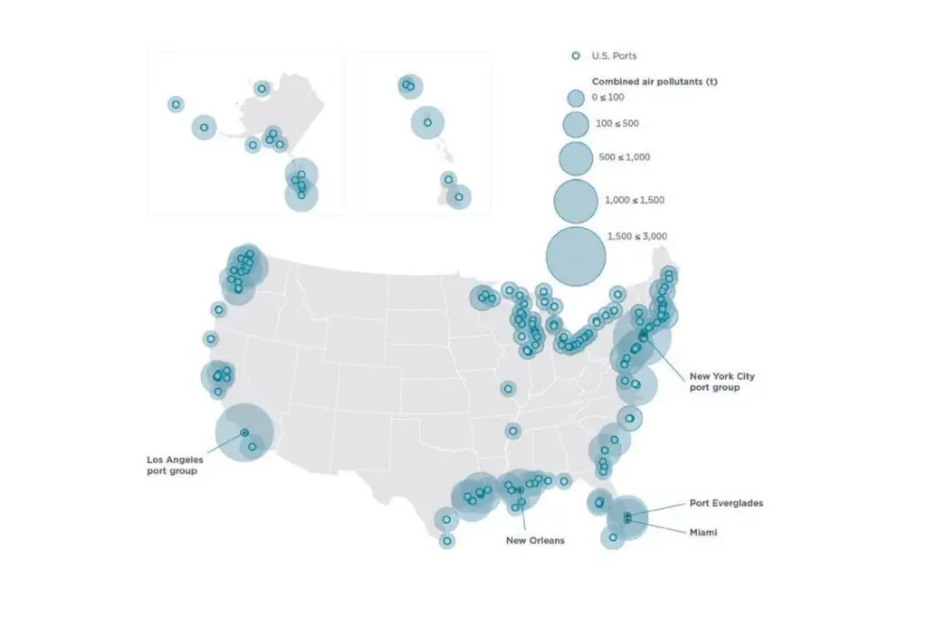 Combined NOX, SOX, and PM10 emission estimates from at-berth vessels in US ports 2019