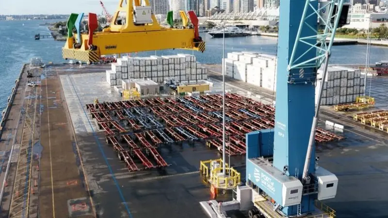 Aerial shot of Port of San Diego with crane and cargo