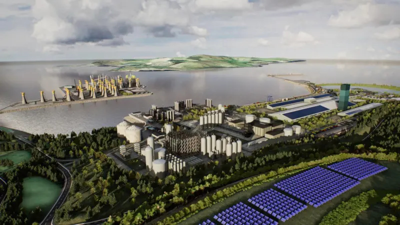 The image shows a render of the redevelopment which will modernise the former coal terminal into a critical hub for  renewable energy