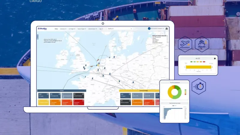 The image shows some screenshots of BlueBoxSystems BlueBoxCargo tracking tool