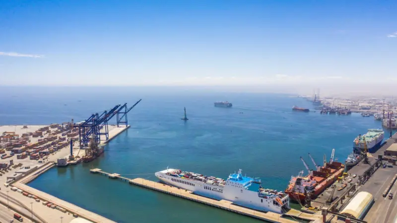 The picture shows an aerial shot of Port of Walvis Bay, Namibia
