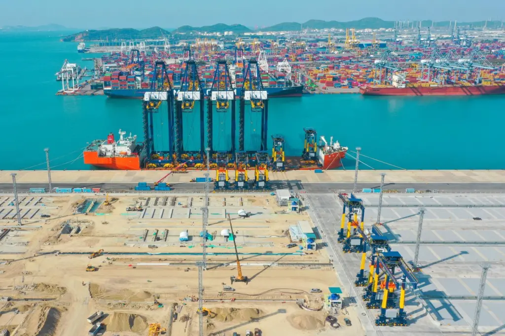The image shows the new electric cranes Hutchison Ports Thailand (HPT) Terminal D, Laem Chabang Port