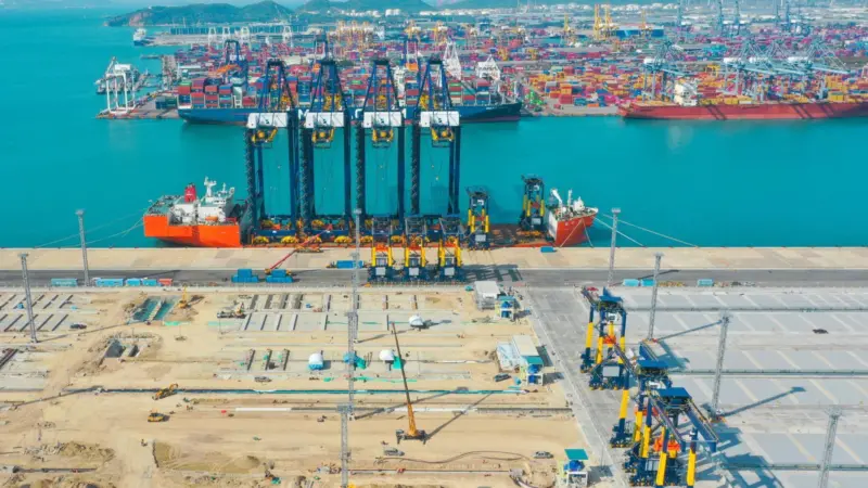 The image shows the new electric cranes Hutchison Ports Thailand (HPT) Terminal D, Laem Chabang Port