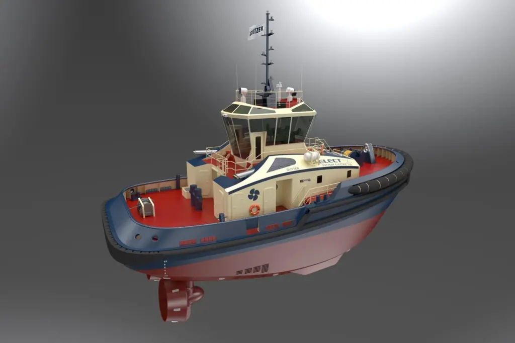 The image shows a render of the Svitzer ASD electric tug