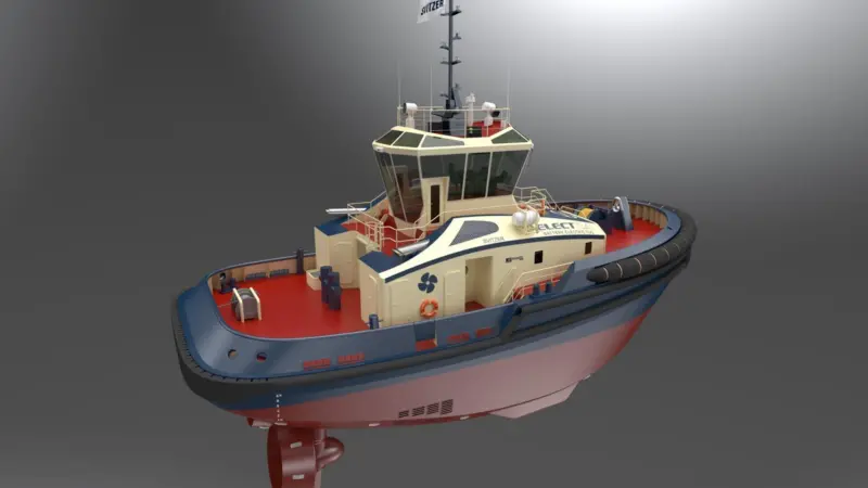 The image shows a render of the Svitzer ASD electric tug