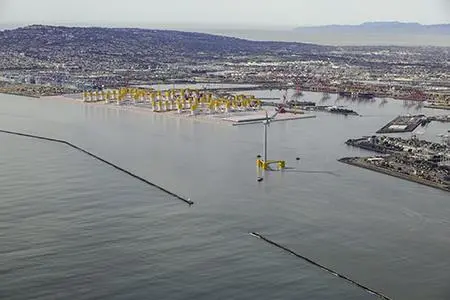 offshore wind turbine with port behind